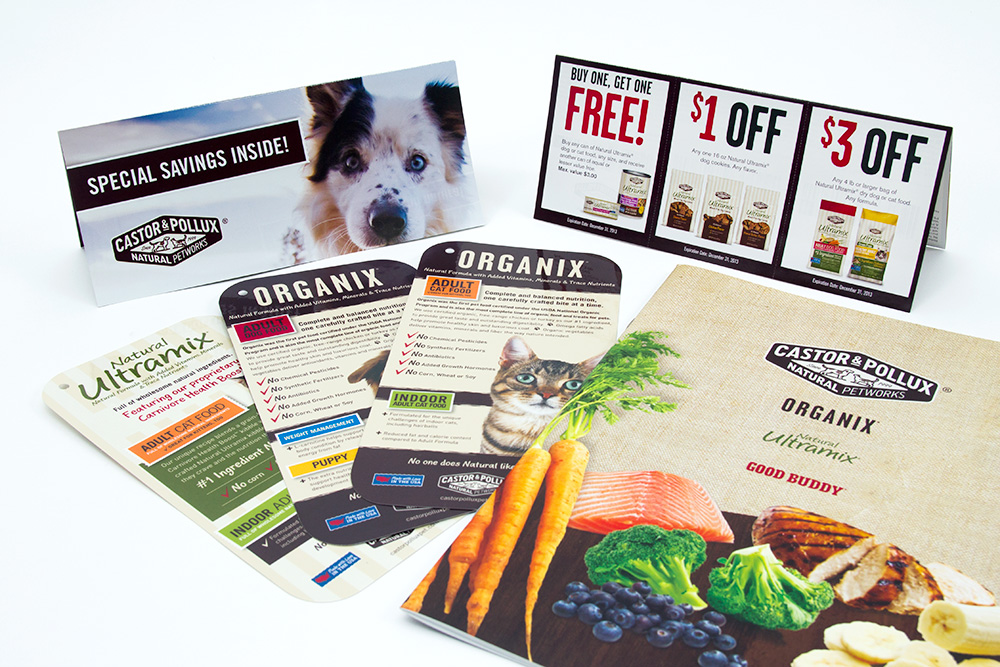 Various materials - Castor & Pollux Natural Petworks Company - standing folded signs, customized coupons, full-size, bound product booklet, custom hole-punched product tags, and more