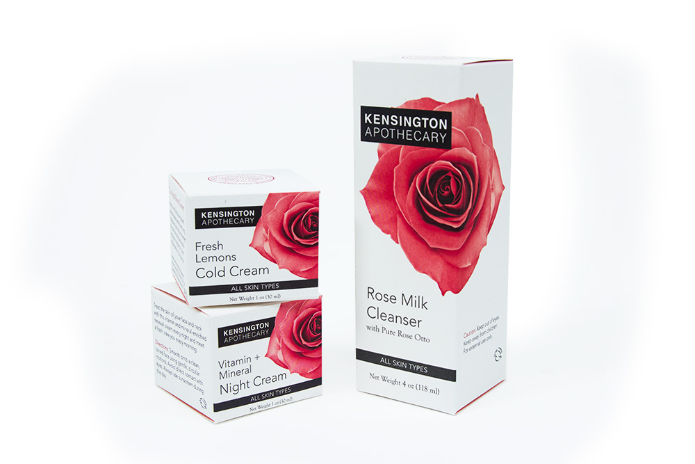 Custom-printed boxes in various sizes, Kensington Apothecary beauty brand