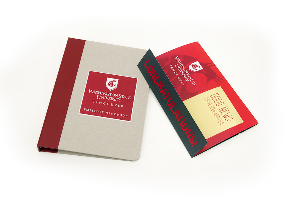 Washington State University materials: custom-folded, metallic print, Congratulatory Admission Mailer; WSU 3-ring binder, WSU employee handbook